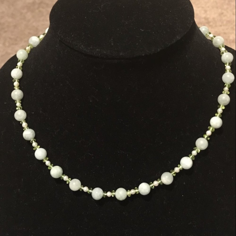 Vintage Gold Stone Jewelry Jade Pearl Peridot Beaded Necklace 14k G.S.J.